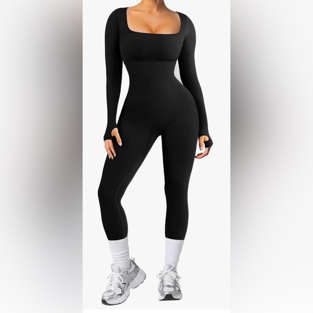 Black Long-Sleeve Ribbed Jumpsuit